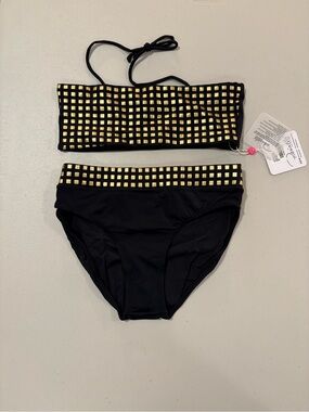 Peixoto Black Bandeau Bikini with Gold Square Studs